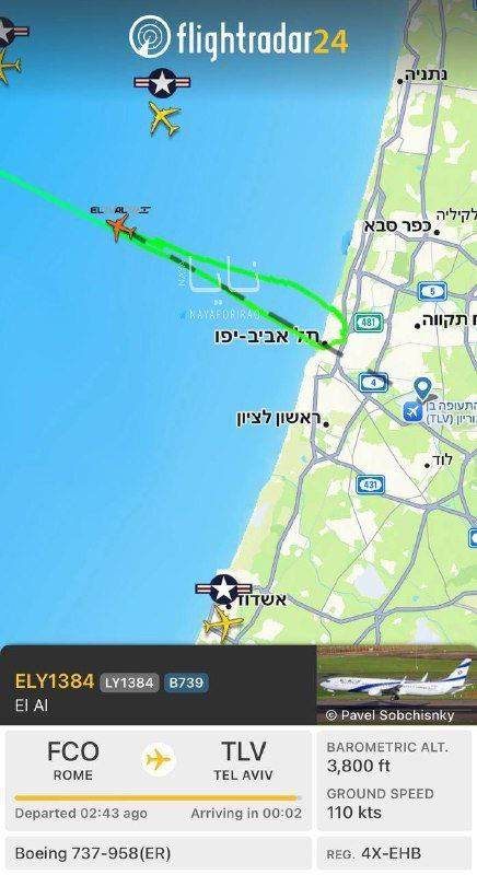 🔻本-古里安机场上空，一架即将降落的飞机因接到伊朗导弹来袭的警报，被迫改道飞往