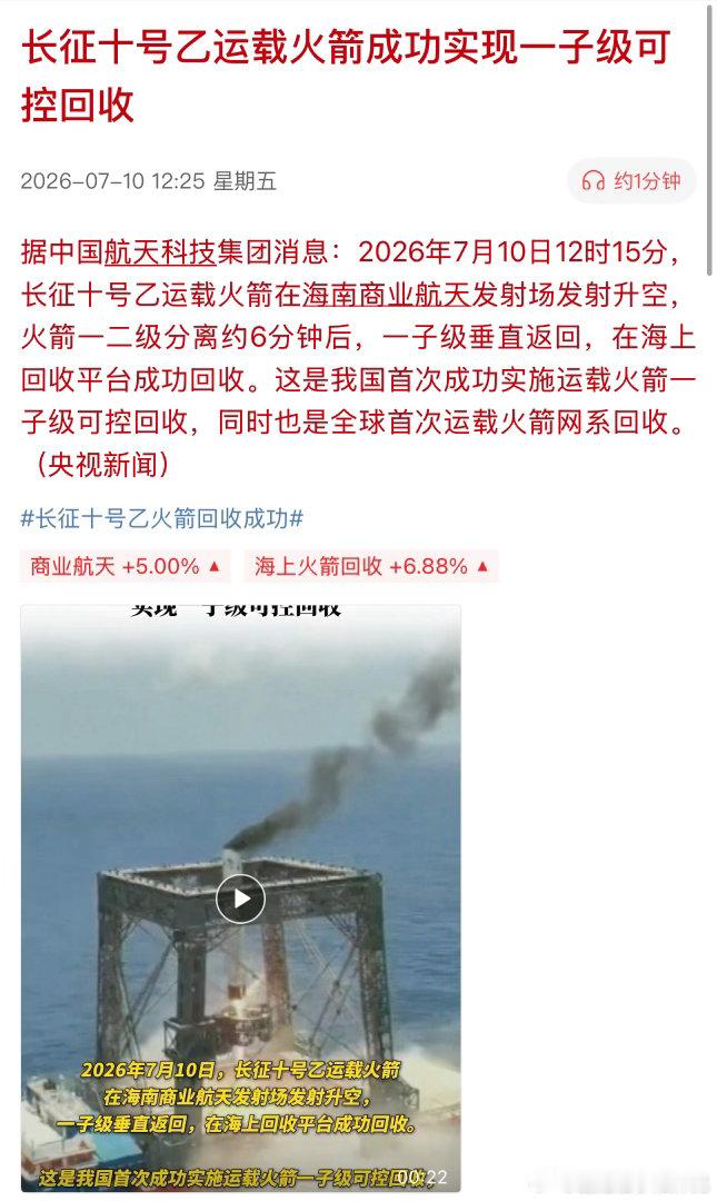 长征十号乙火箭回收成功这就是量化，商业航天一个消息就起来，我们有他们快吗$海兰信
