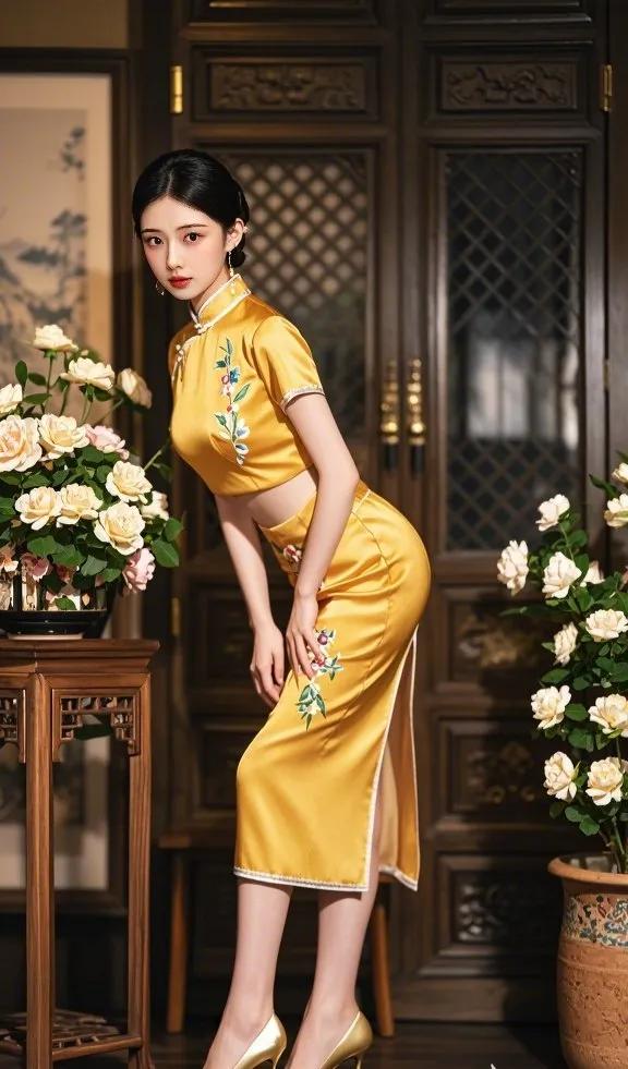金线绣成身，黄裙显华彩。旗袍美人风韵#婉秋美人# #国风美俏女# #美女子展示#