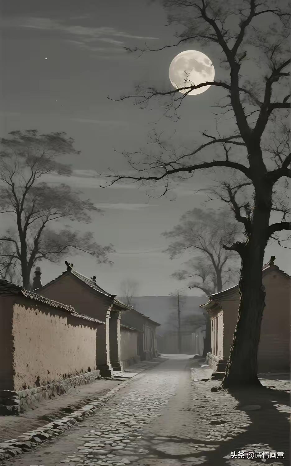 天净沙·古巷月色
古巷幽寂月明，
疏枝横影寒清。
旧院无声雀鸣。
檐前情萦，
夜