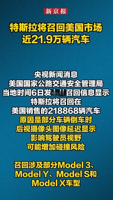 倒车影像延迟存安全隐患，特斯拉在美召回近21.9万辆车

当地时间2026年5月