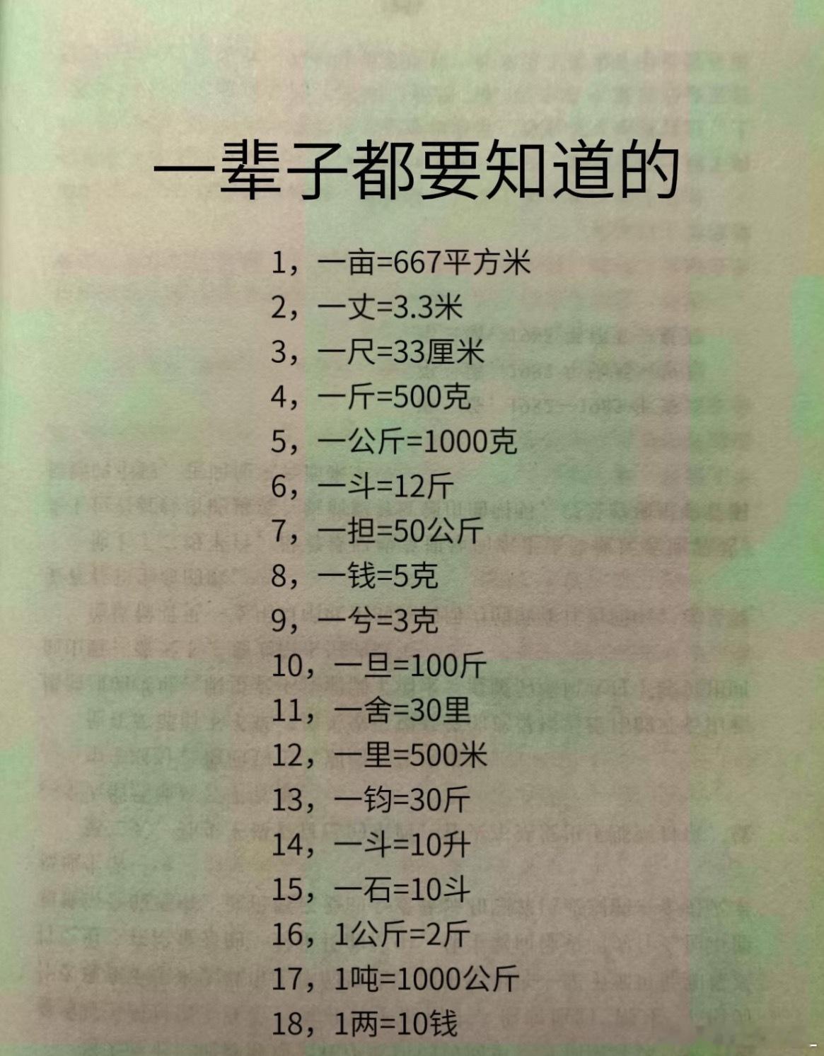 一口气看完，这辈子都要知道！1，一亩=667平方米2，一丈=3.3米3，一尺=3