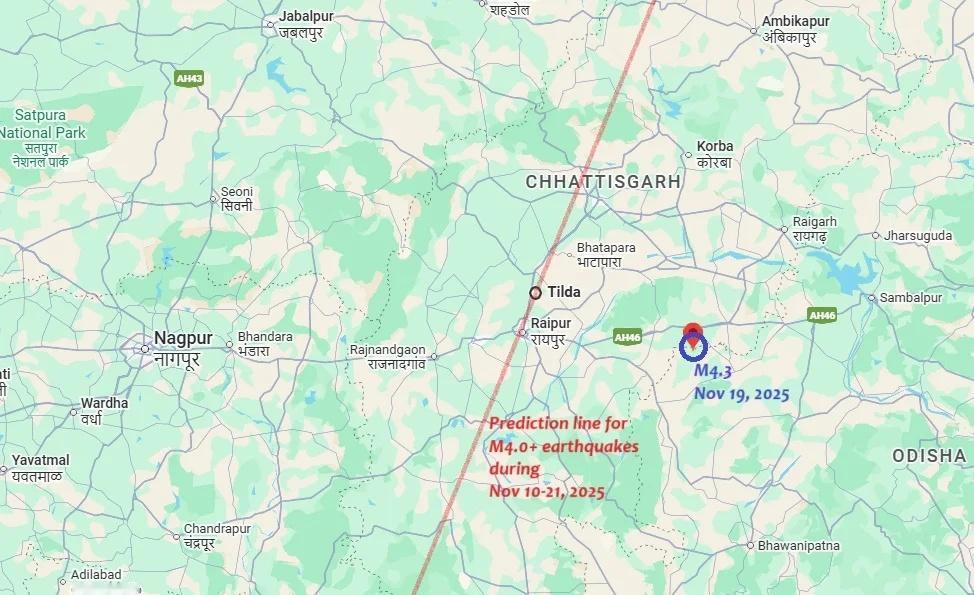 成功预测地震（印度中部）
2025年11月19日，奥里萨邦和恰蒂斯加尔邦交界处发