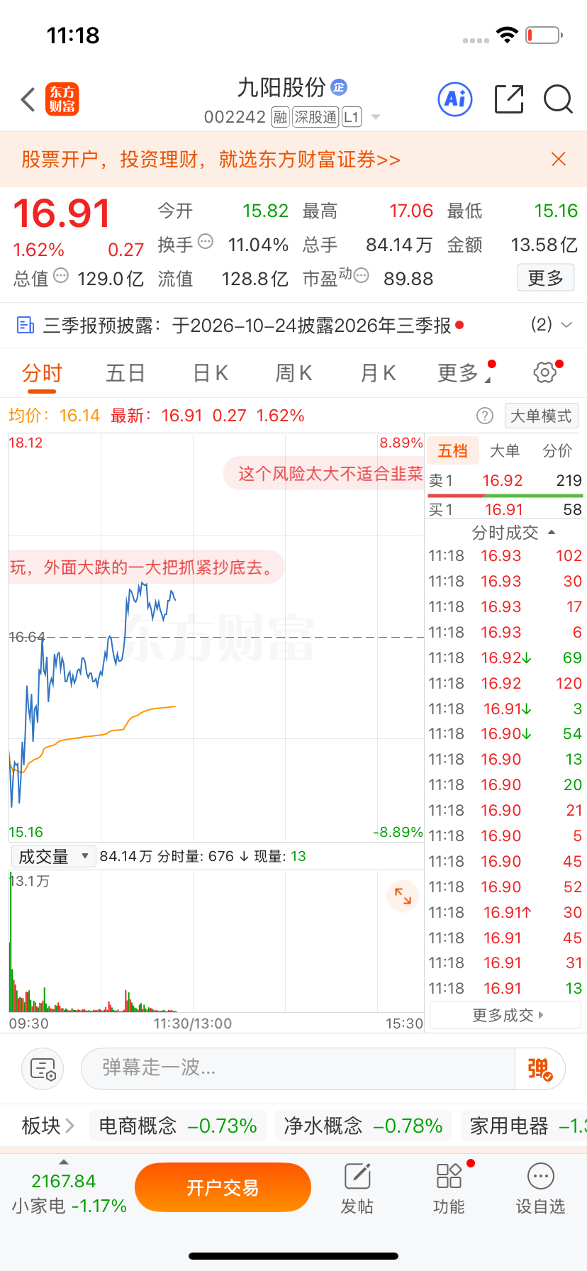 九阳股份都拉红了，兄弟们来不来心！点赞点赞，下一个大牛我给大家发出来[doge]