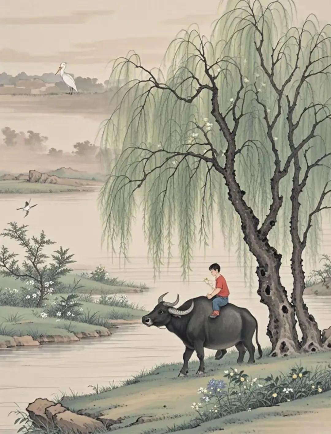 儿童放牧绕湖畔，
临水而生碧草青。
野花朵朵朝阳笑，
鸟停柳枝鸣歌声。