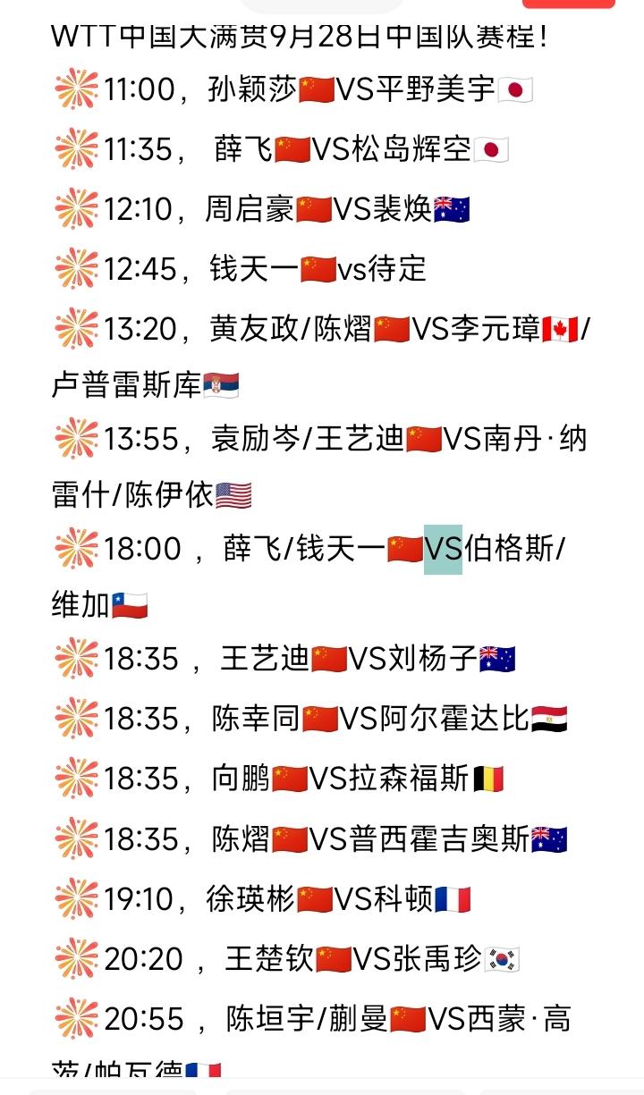 孙颖莎开场首秀！
王楚钦黄金时段开打！
明日（9月28日，周日）赛程来喽[笑哭]