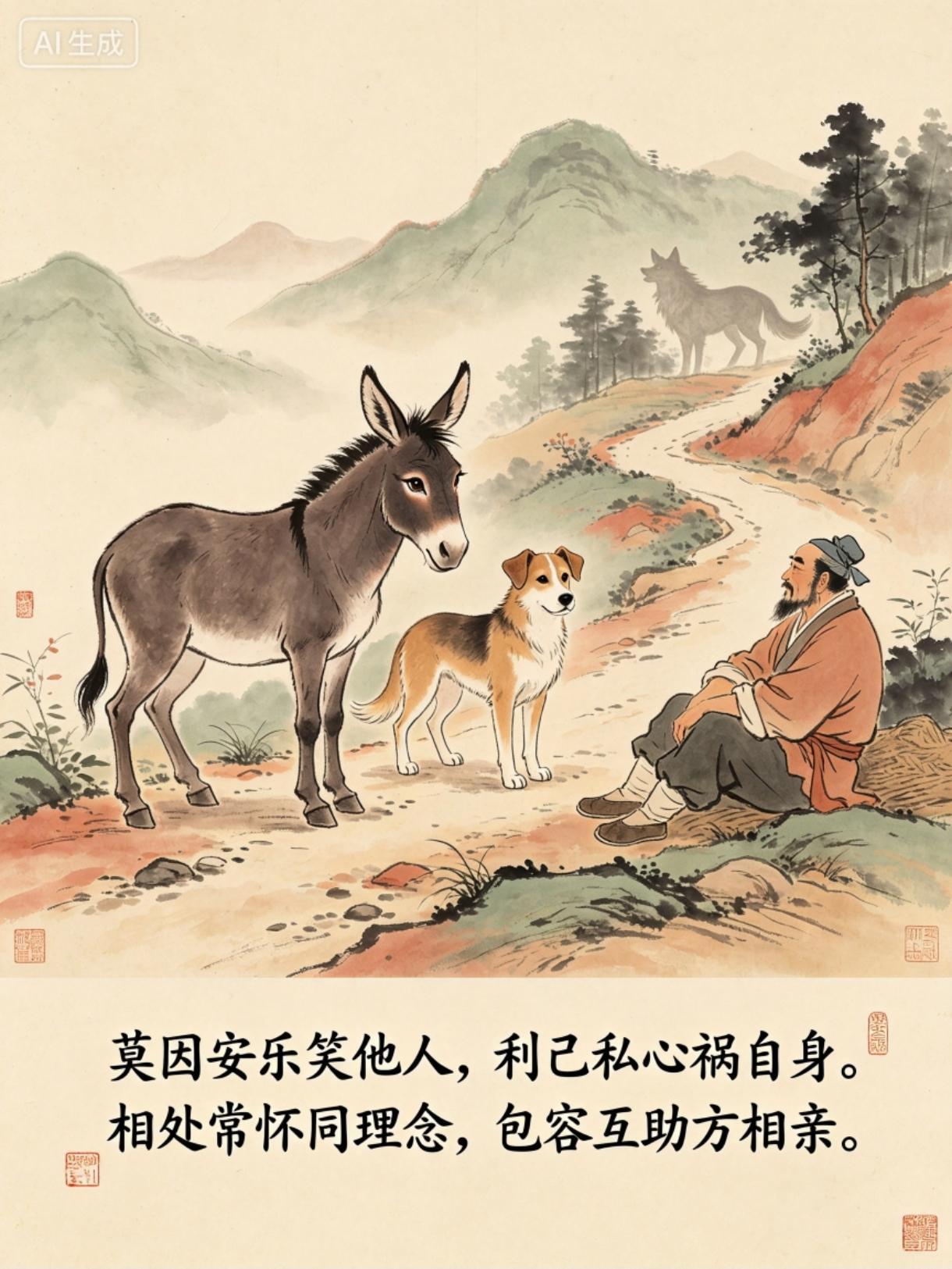 小故事
驴子和狗

牵驴一农夫，
带狗去城里，
打谱卖山货，
起早走的急，
中途