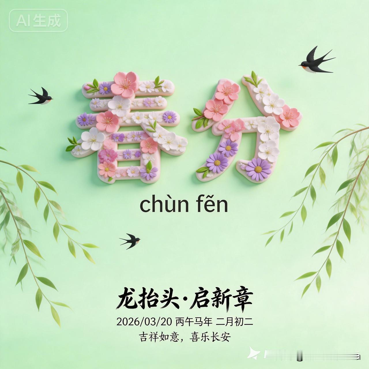 今天是二月二龙抬头，又赶上春分的节气，
双节相逢，昼夜平分，阴阳平衡，和顺平稳，