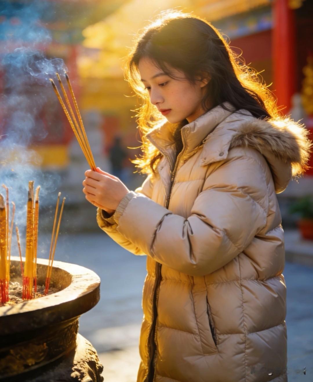 春节前一男子在寺庙上香求姻缘，却不小心香火把前面姑娘羽绒服给烫了个洞。男孩连声给
