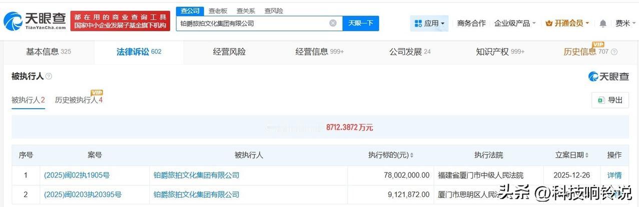 【铂爵旅拍及董事长等被执行7800万 铂爵旅拍及董事长等成被执行人】
天眼查法律