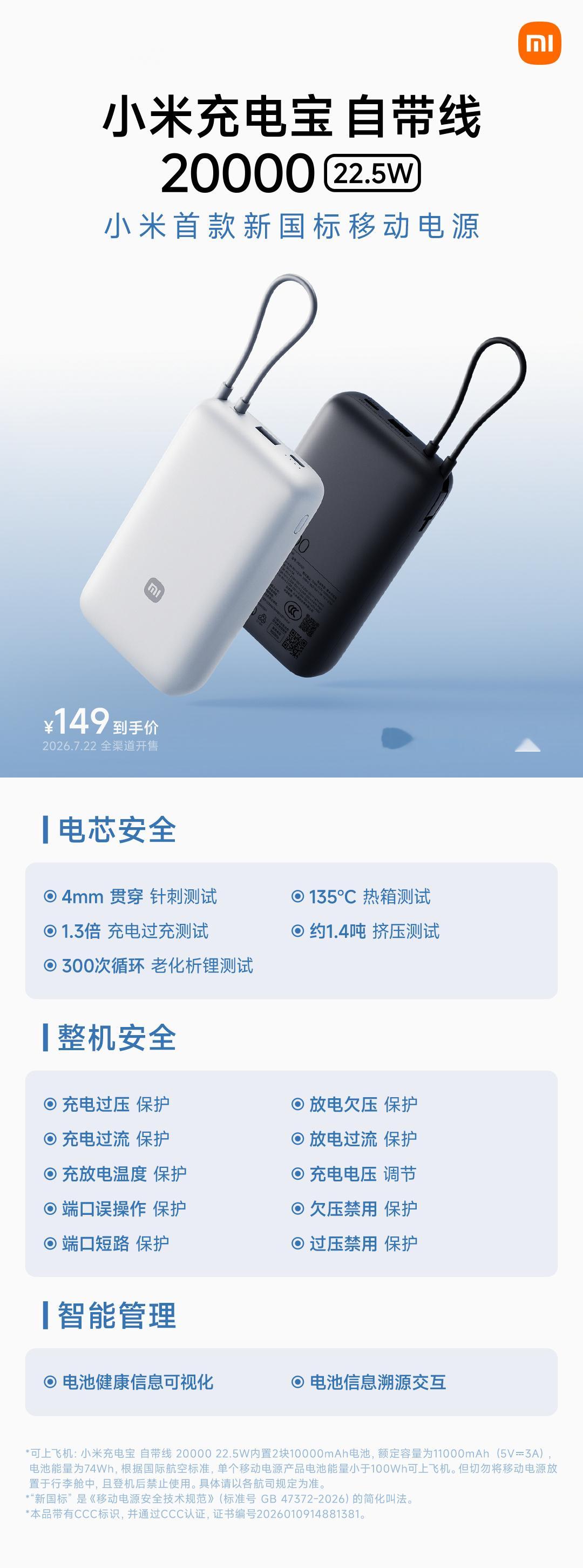 小米充电宝首批获得新国标认证了，20000mAh 自带线的版本相比之前的版本，新
