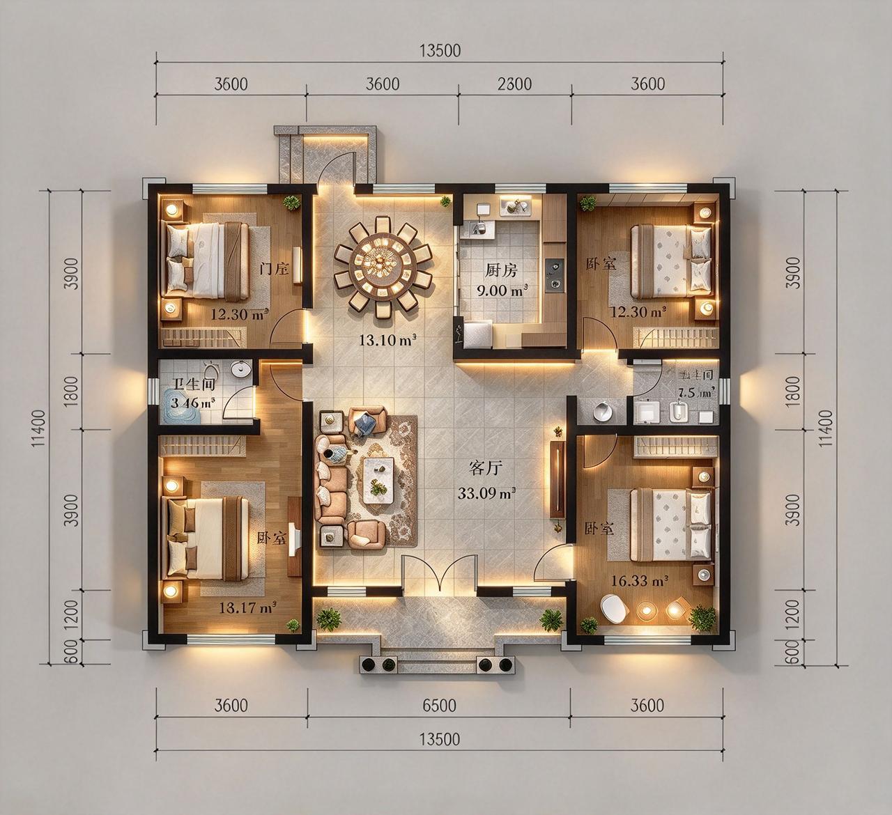一层别墅设计，13.5X11.4米。农村自建房 农村自建别墅 别墅设计 别墅