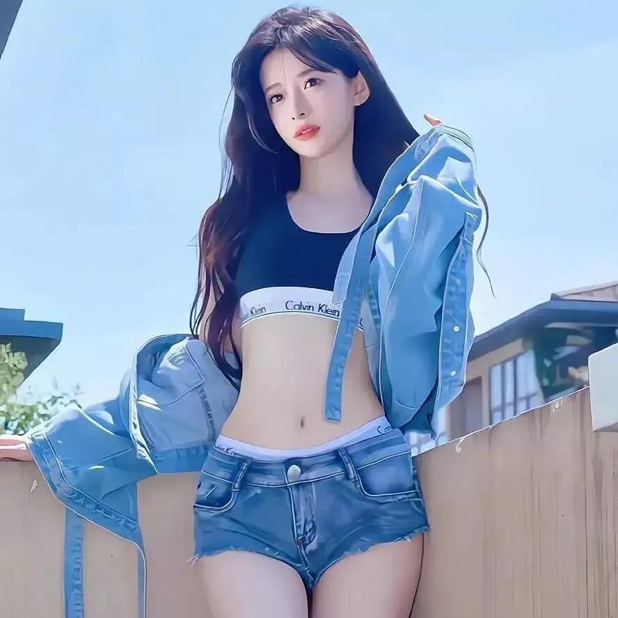 夏日清爽穿搭，牛仔短裤与露脐上衣，清新自然