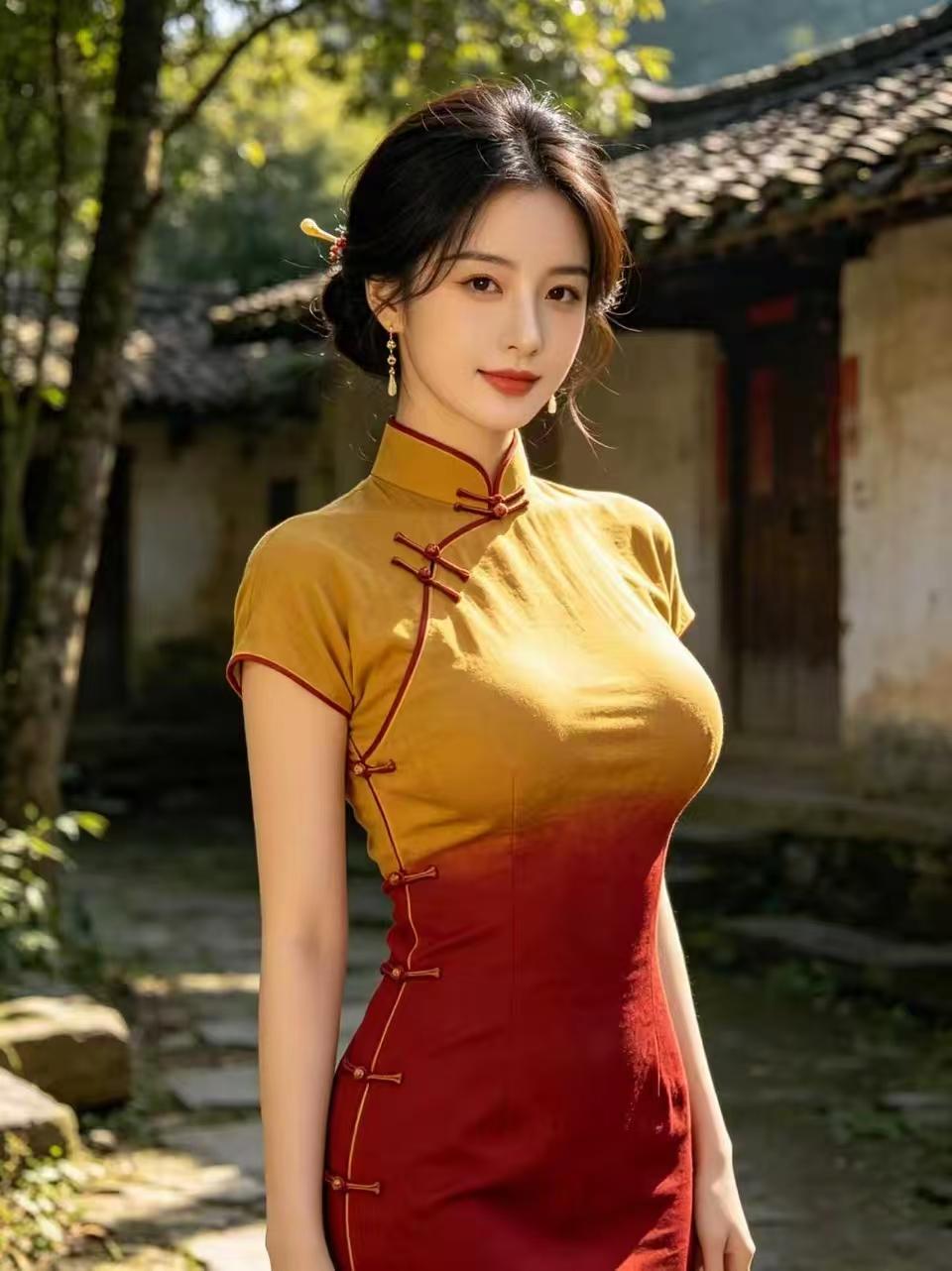 塞鸿秋·黄红旗袍
金红晕染芳华韵，
霜年悟透温柔份。
晴光漫染青衣嫩，
玉簪绾住