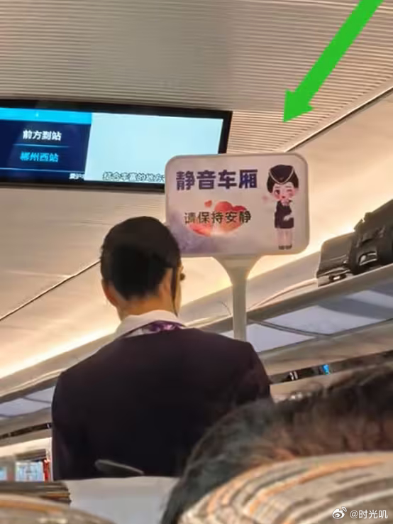 男子高铁静音车厢遇乘务员举静音牌近日，有网友称坐高铁时选静音车厢，发现专门有乘务