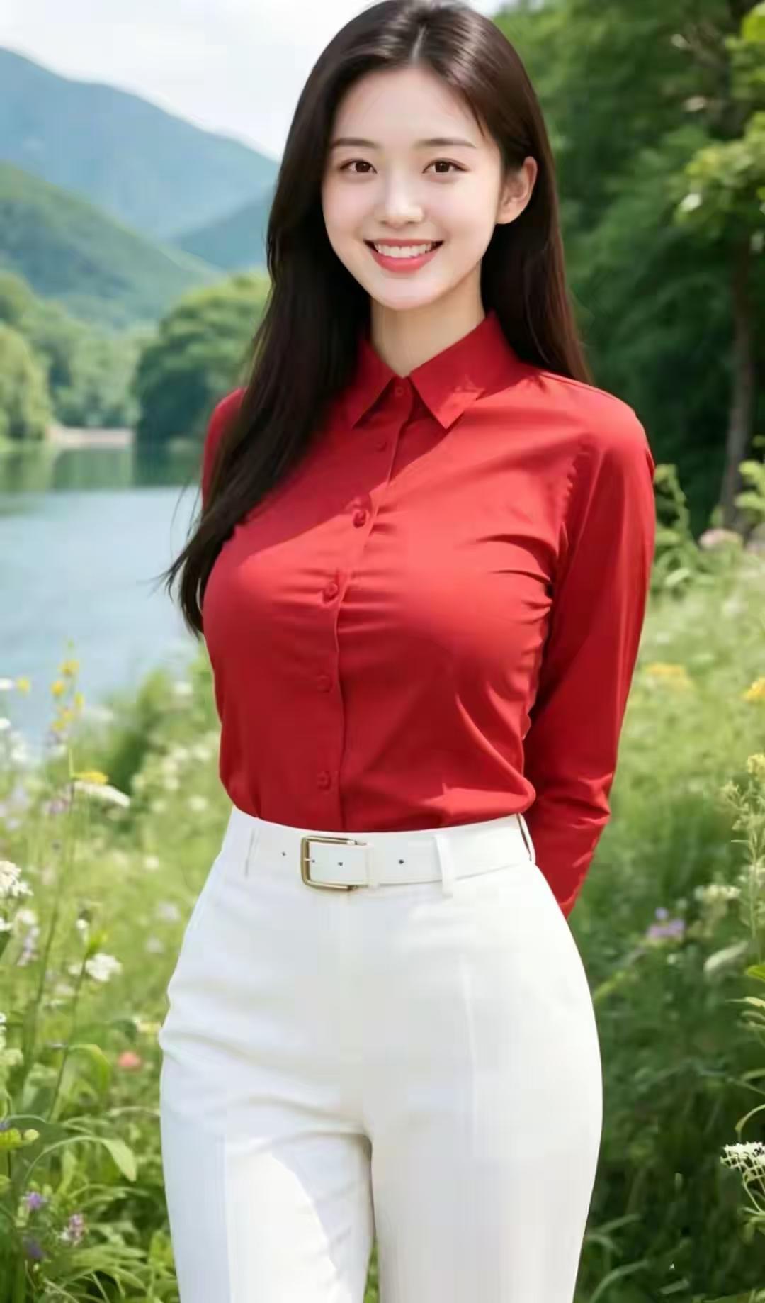 水仙子·晴郊惊鸿倩影 
晴郊水畔百花娇，
风软林间语画桥。
红衫俏立芳丛妙，
嫣