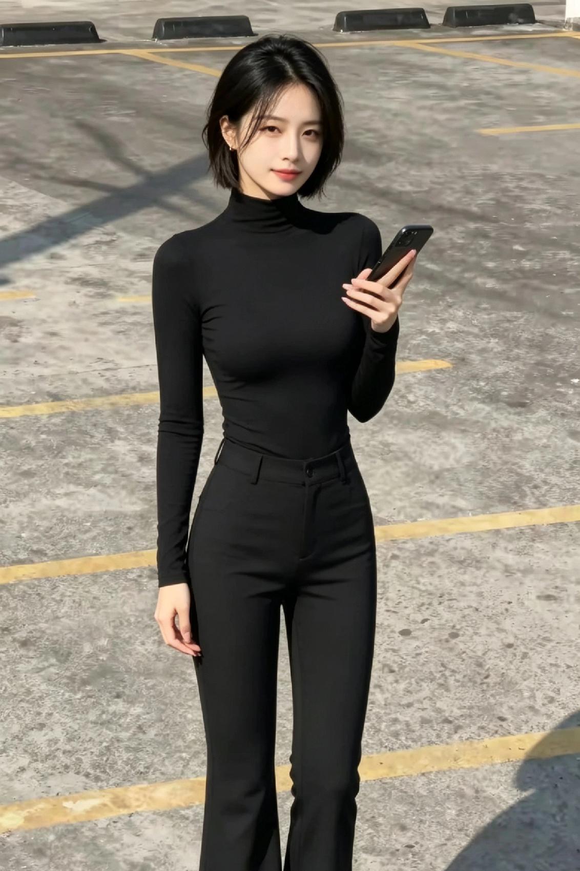 黑色高领毛衣搭配紧身裤，简约又时尚！👗👖