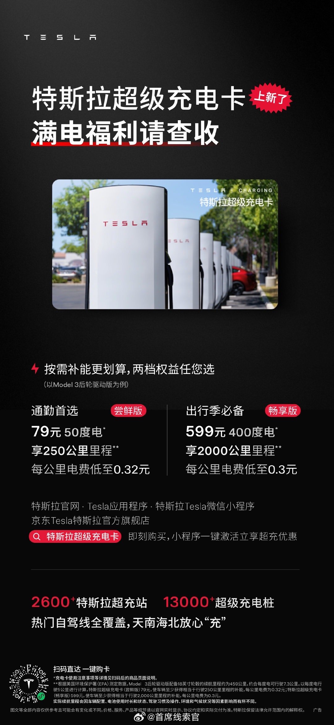 特斯拉超级充电卡现已向非特斯拉车主开放。据介绍，特斯拉超级充电卡有两档可选：尝鲜