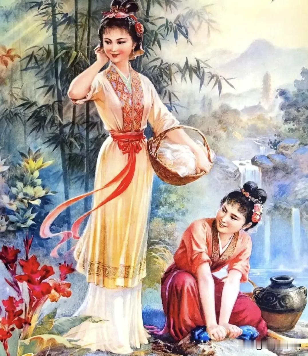 非常少见的老年画《白蛇传》，很写实，若隐若现的雷峰塔，小青和白娘子脱了皮清洗一下