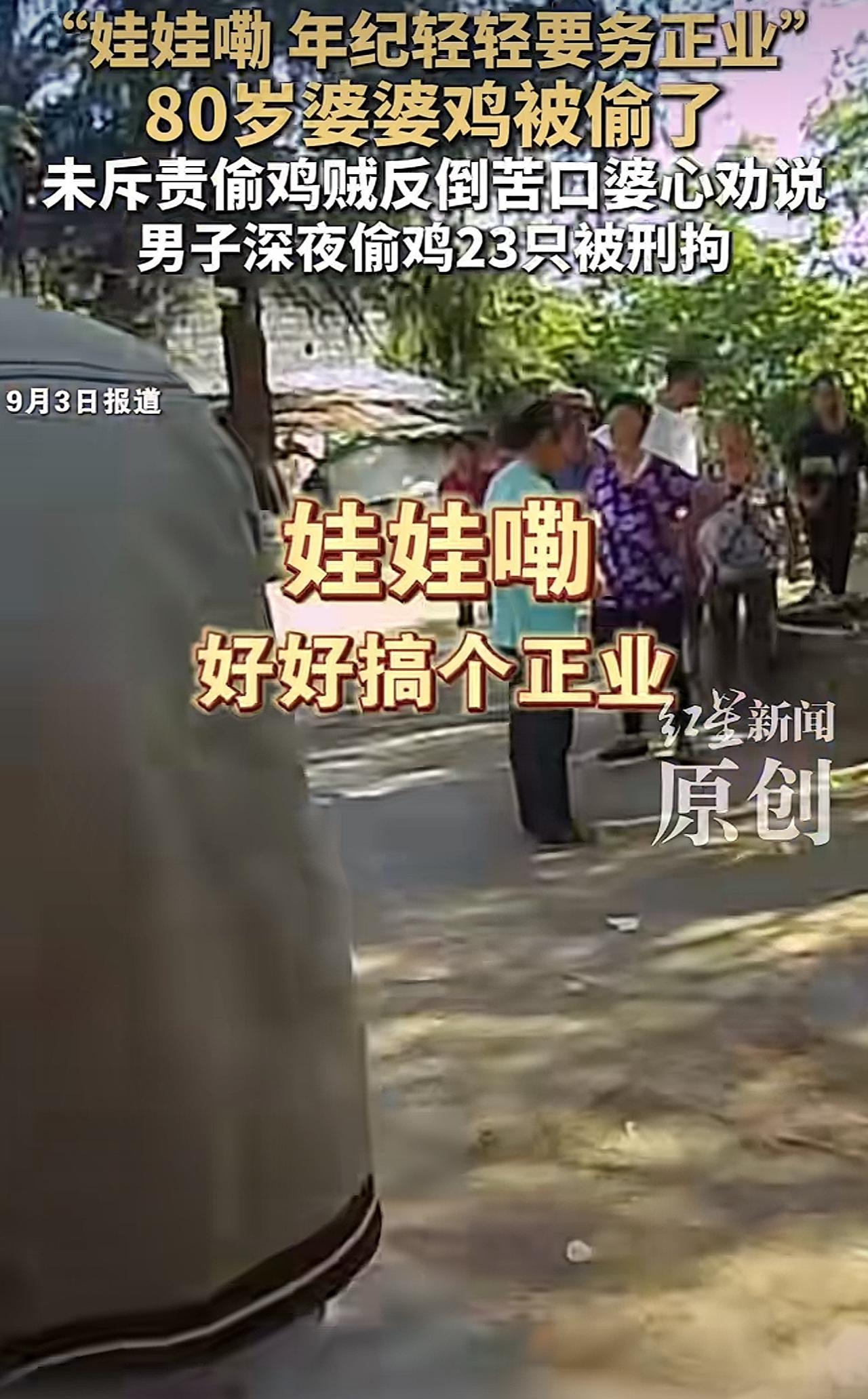 近日， 四川发生一起盗窃案，年轻小伙偷80岁老婆婆养的鸡，抓到时被老婆婆现场教育