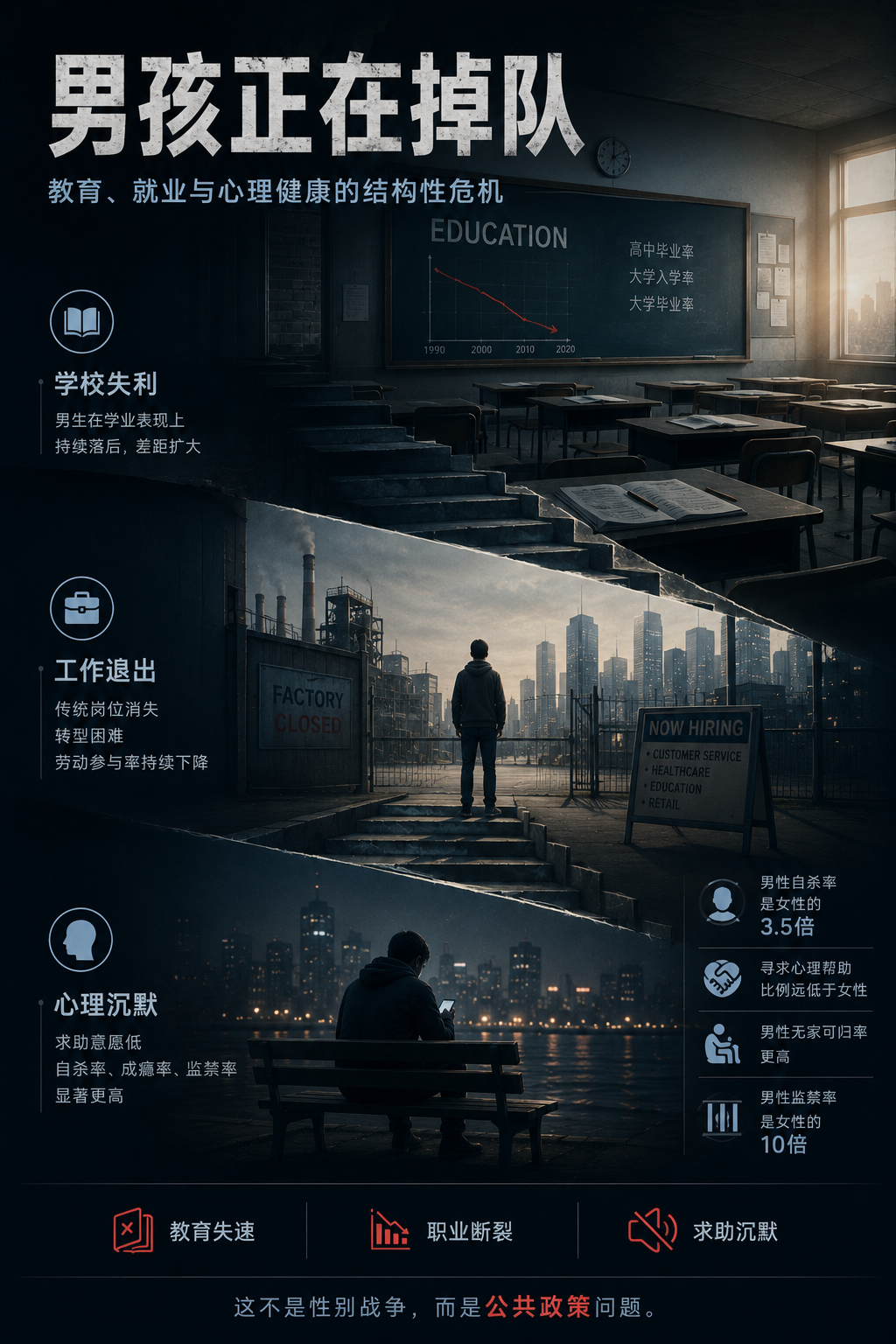 Claude说，男性在某些领域面临结构性挑战。教育领域的男性落后。 美国、英国、
