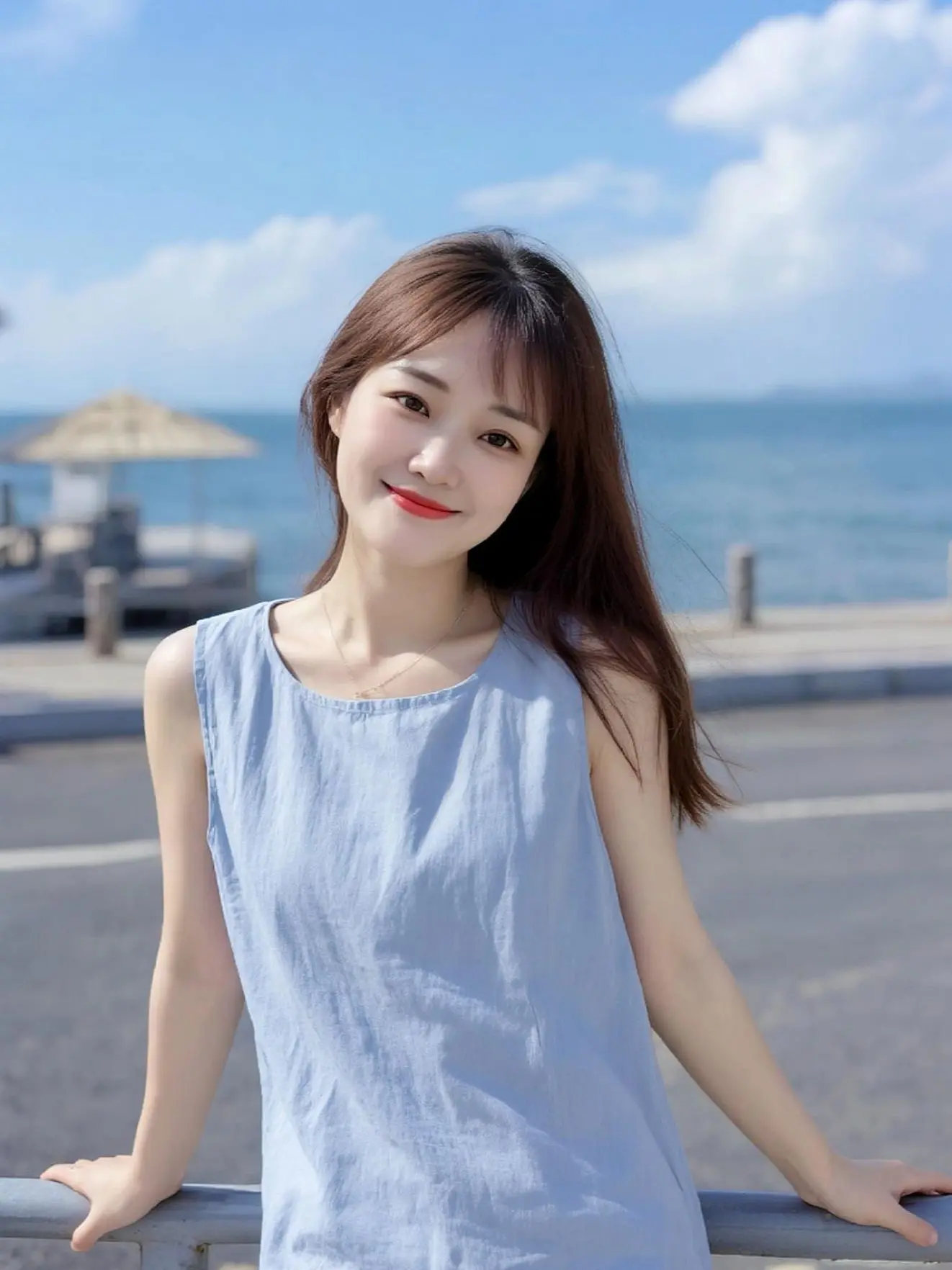 AI海滨清新照 ai创作 分享夏季韩系穿搭 无袖上衣