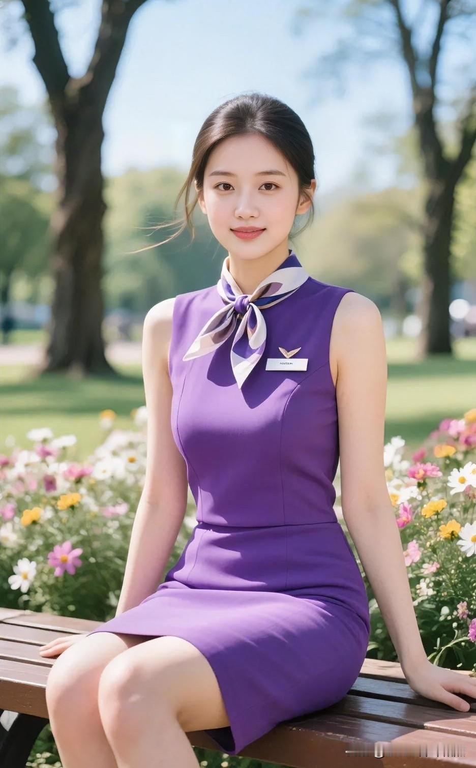 紫色制服优雅干练，丝巾系颈，花海长椅间，明媚阳光映照，清新脱俗尽显职业之美。