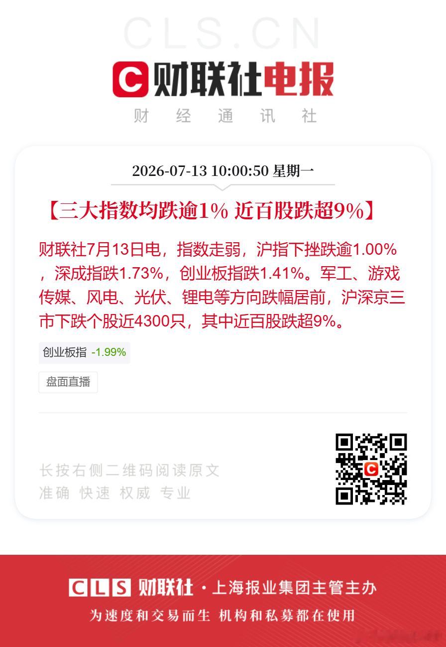 A股近百股跌超9%【三大指数均跌逾1% 近百股跌超9%】财联社7月13日电，指数
