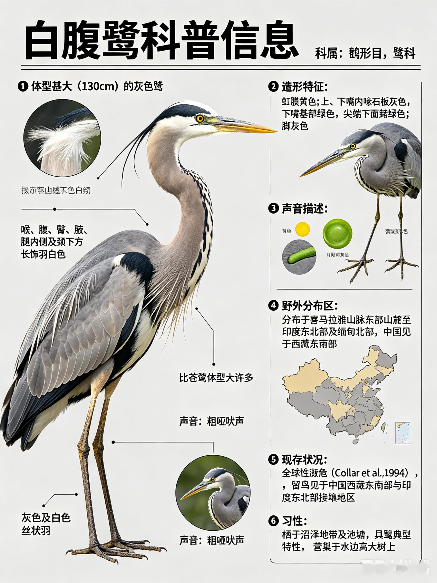 鸟类朋友图鉴 白腹鹭·科属：鹳形目，鹭科。·外形特征：体型甚大（130cm）的灰