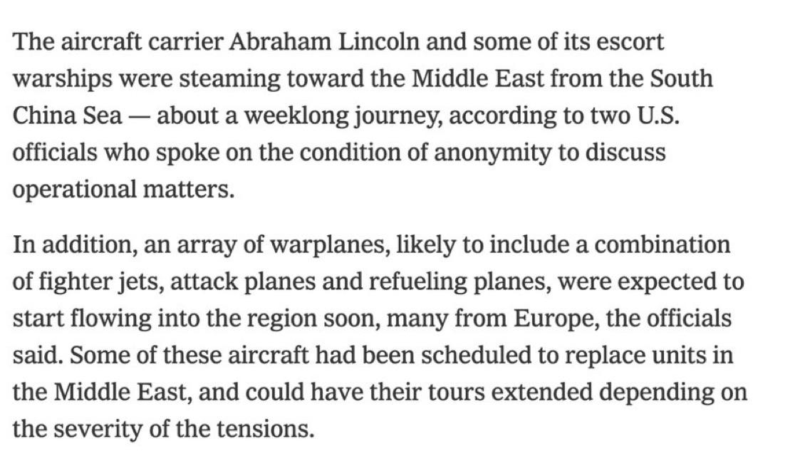 两名美国官员告诉《纽约时报》，包括战斗机、攻击机和加油机在内的一系列军用飞机预计
