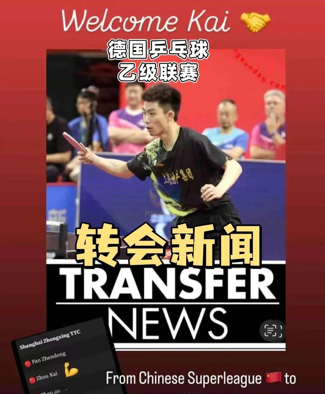 樊振东去德国打球，
加入德国俱乐部，
上海队周凯也要去德国打球了，
只不过他打的