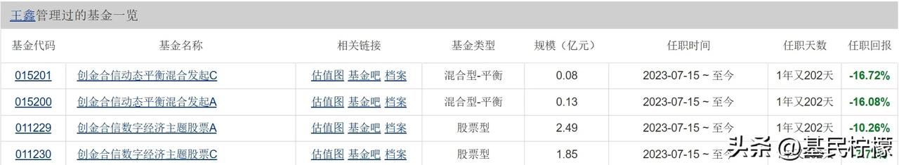 王浩冰离职留下来的创金合信数字经济等2只基金都交给王鑫了，不过王鑫的业绩打那儿开