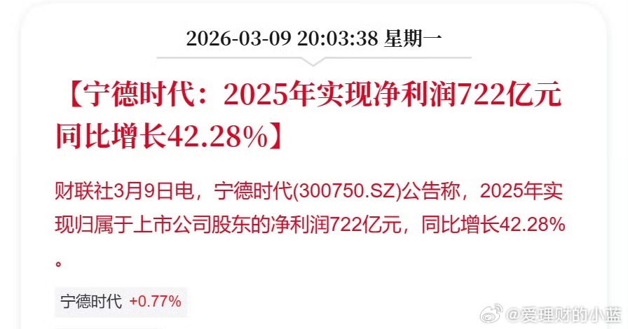 宁德时代2025年实现净利润722亿元同比增长42.28%明天稳了？ 