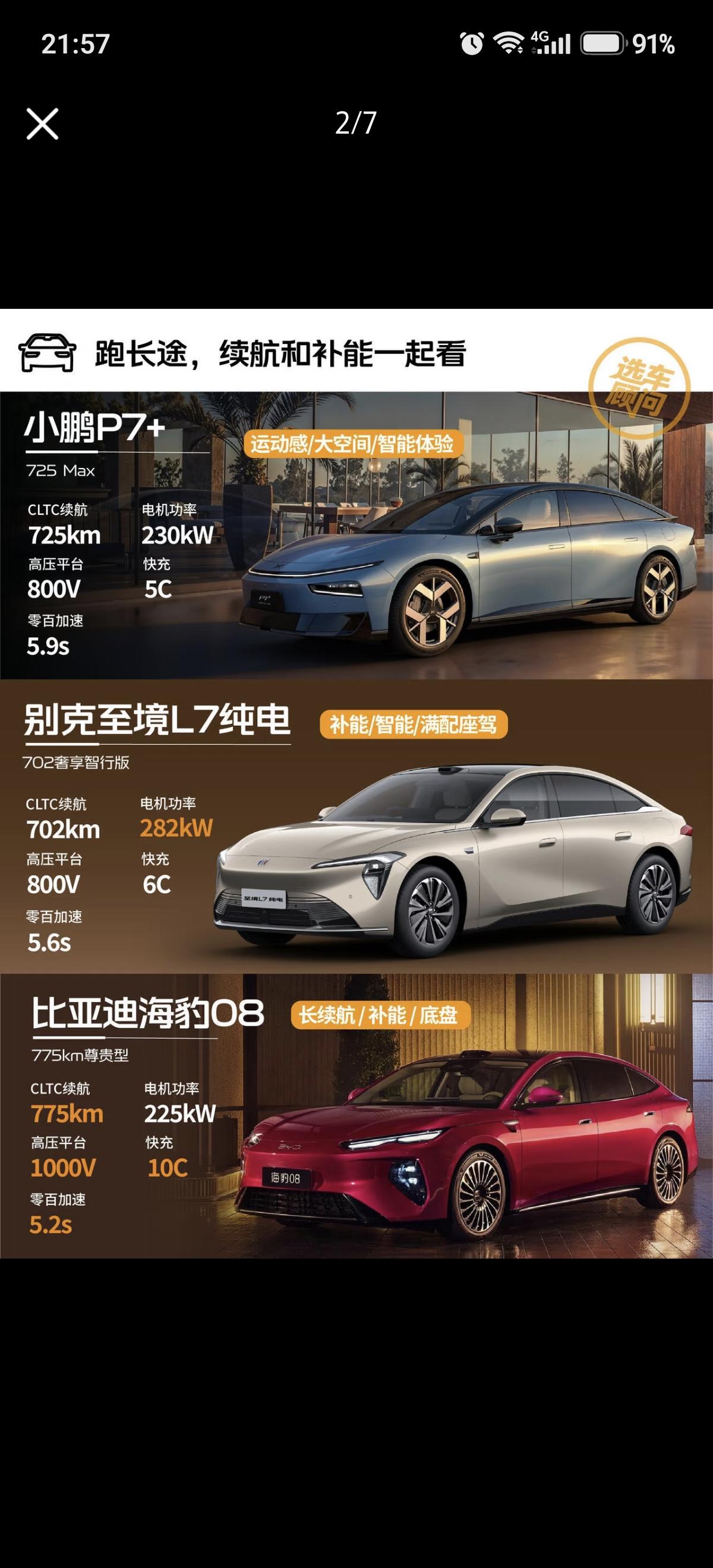 20万级三台热门纯电轿车对比，分别是小鹏P7+、别克至境L7纯电、比亚迪海豹08