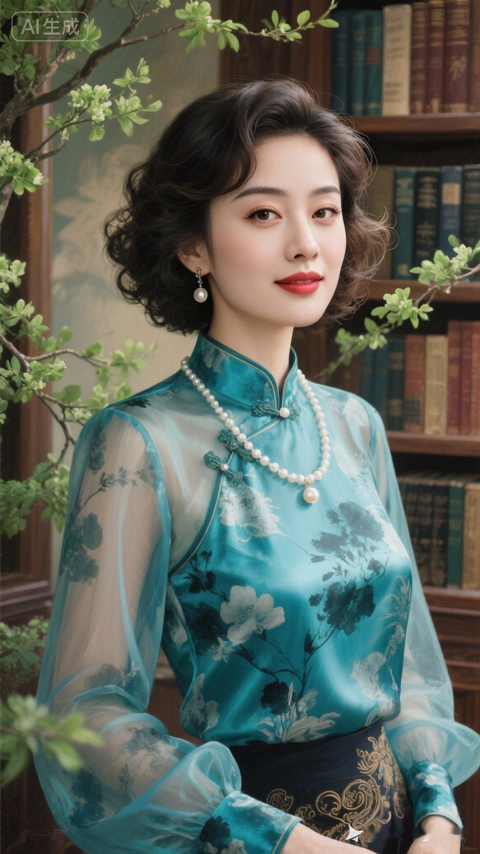 优雅复古风，蓝绿色旗袍搭配珍珠项链，尽显东方韵味！