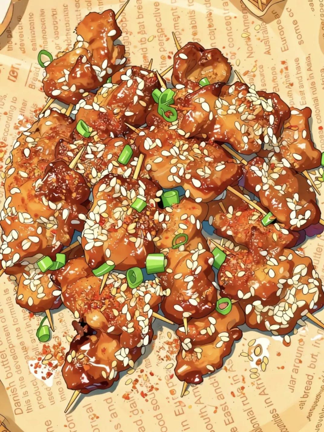 空气炸锅版牙签肉。用料：梅花肉 500克糖、盐 各适量淀粉 1勺料酒 1勺生抽 