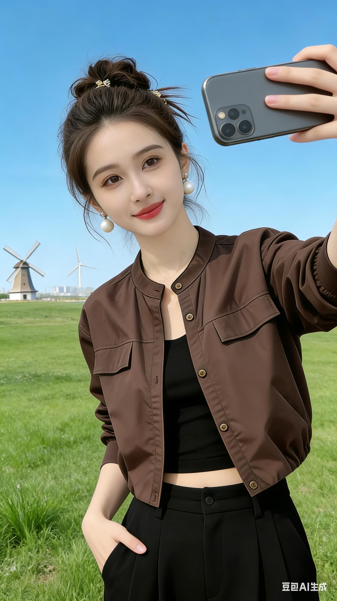 二十岁高颜值东方少女户外自拍，左手举手机，右手插裤兜，神情自然舒展。青草地铺展，