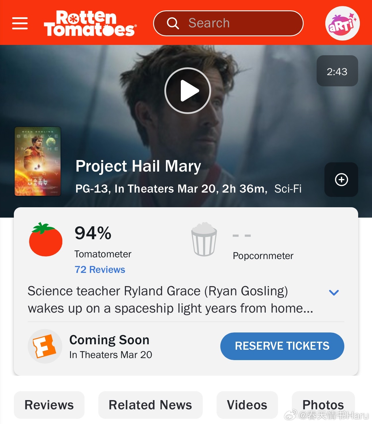 《挽救计划》烂番茄新鲜度开分94%，口碑稳了啊 
