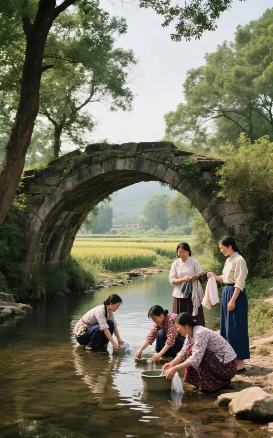 《村姑浣纱》
山乡景色多娇娆，
古桥碧水环村绕。
村姑浣纱展美颜，
堪比西施领风
