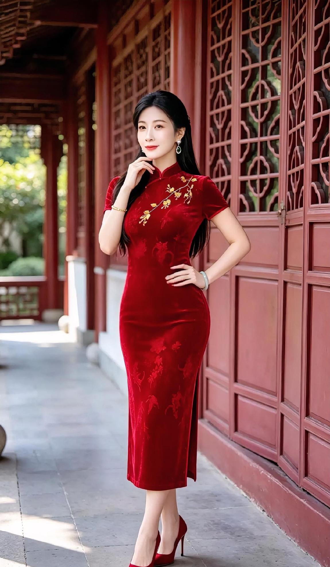 丝绒红染古廊，

金绣轻吐芳香。

笑意温婉如玉，

步履从容大方。

不喧嚷，