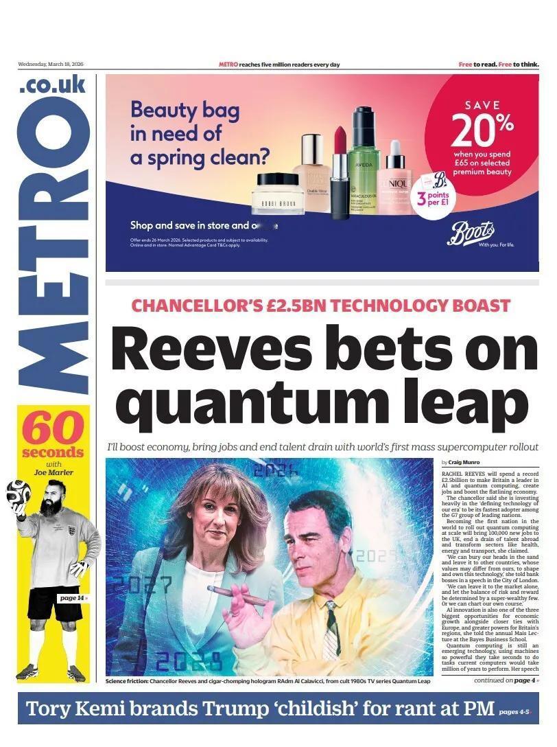 据《地铁报》报道，财政大臣瑞秋·里夫斯将花费创纪录的25亿英镑，力图让英国成为人