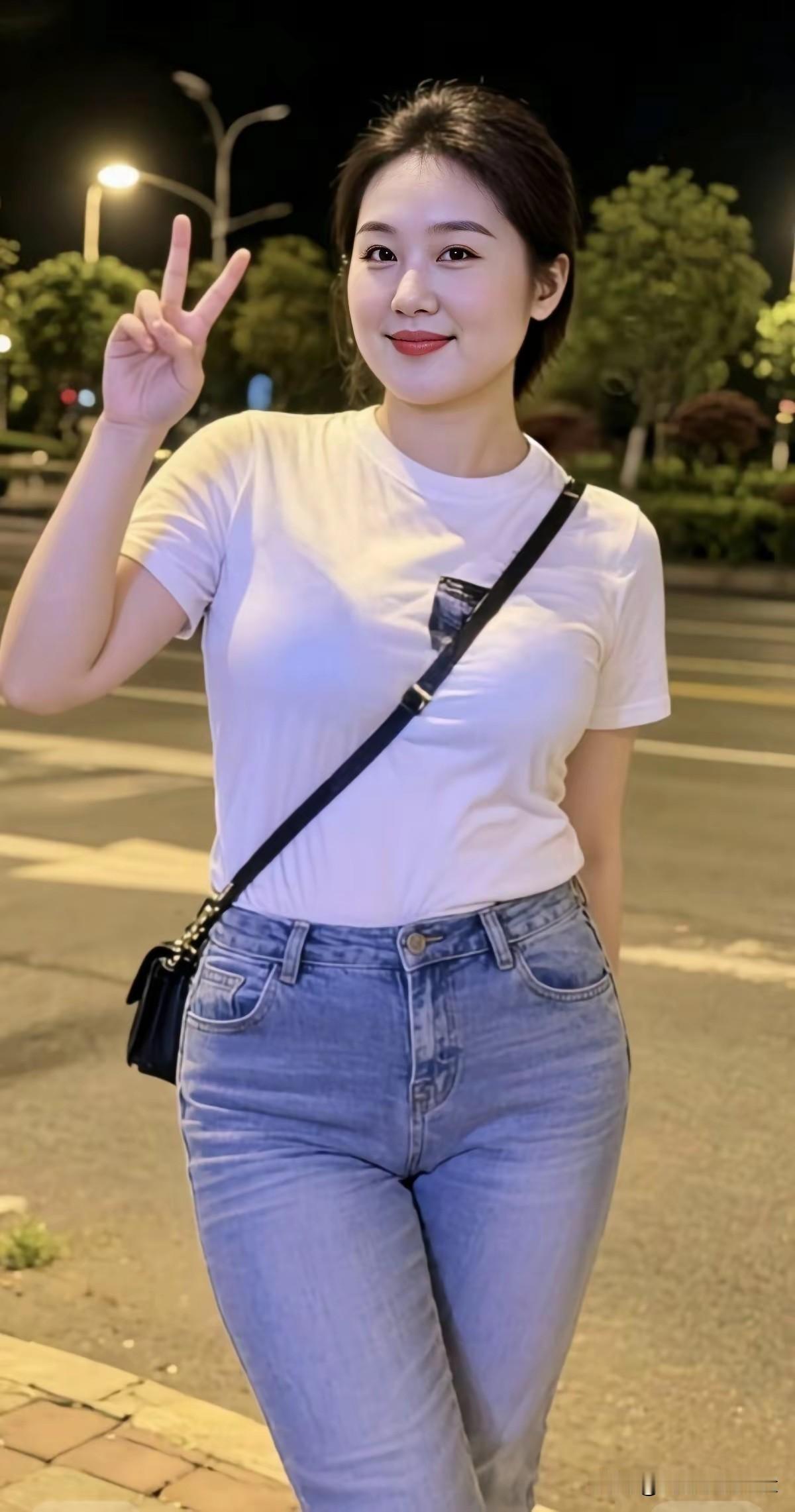 七言·夜街遇
 
街灯如昼晚风轻，
素T恤衫衬笑盈。
手比V形添意趣，
肩携小包