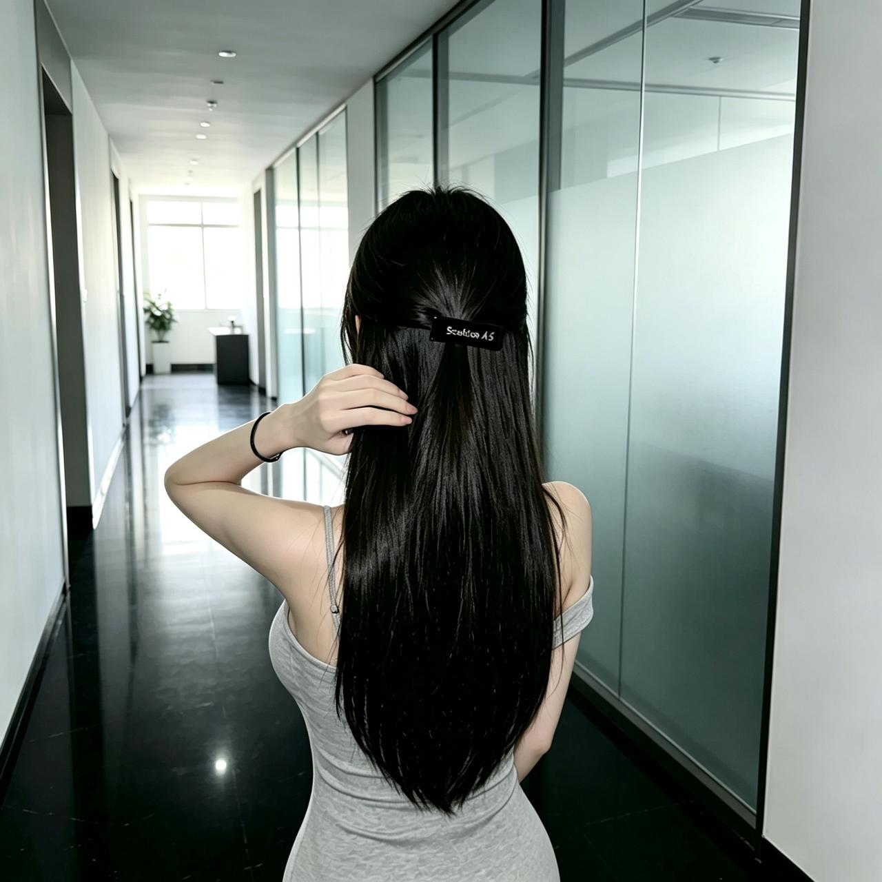 长发妹子在办公室走廊里整理头发。随意整理头发 家庭打理头发 微棕长发美女 凌乱长
