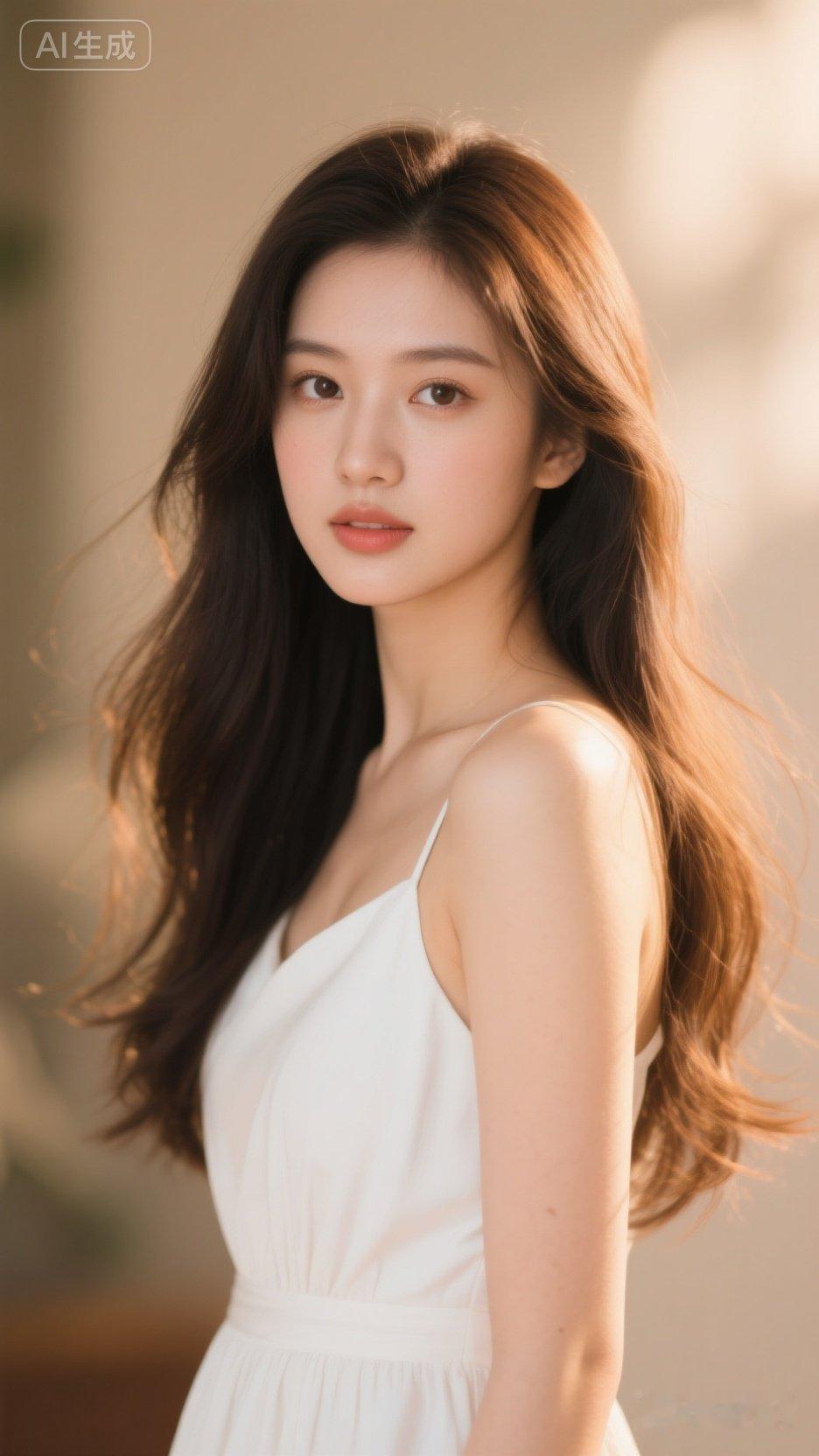 温柔甜美的少女，白色连衣裙，自然光下散发着优雅的气息。