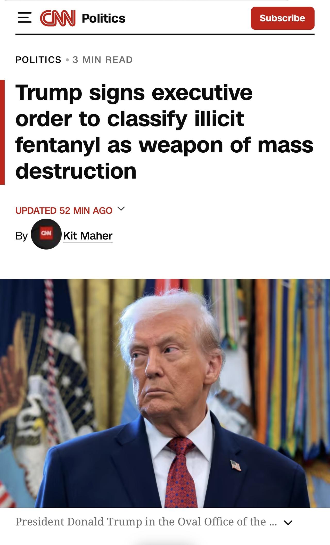 特朗普签署了一项行政命令，将非法芬太尼列为大规模杀伤性武器。

唐纳德·特朗普周