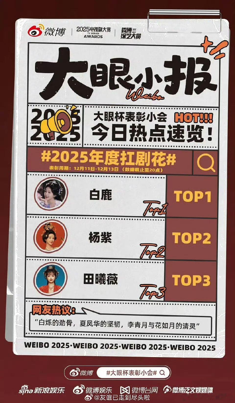 新浪电视剧认证的2025三大扛剧花：白鹿、杨紫、田曦薇 哦豁我也认可这三位 