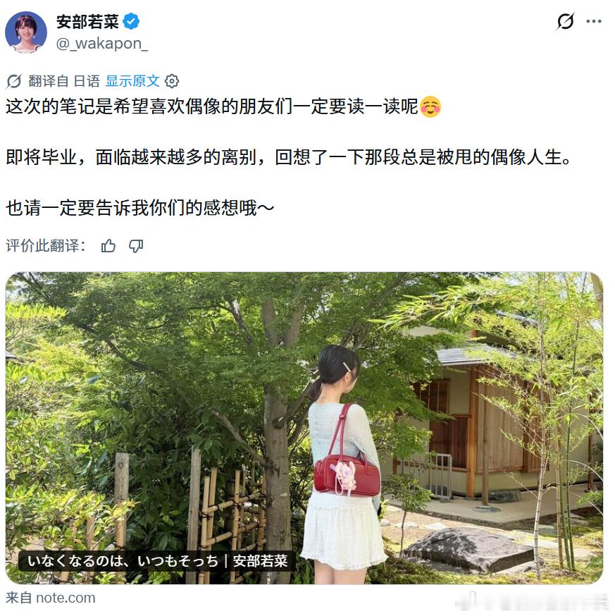 NMB48安部若菜在即将毕业的前夕，写下了自己身为偶像，对于偶像与粉丝之间关系的
