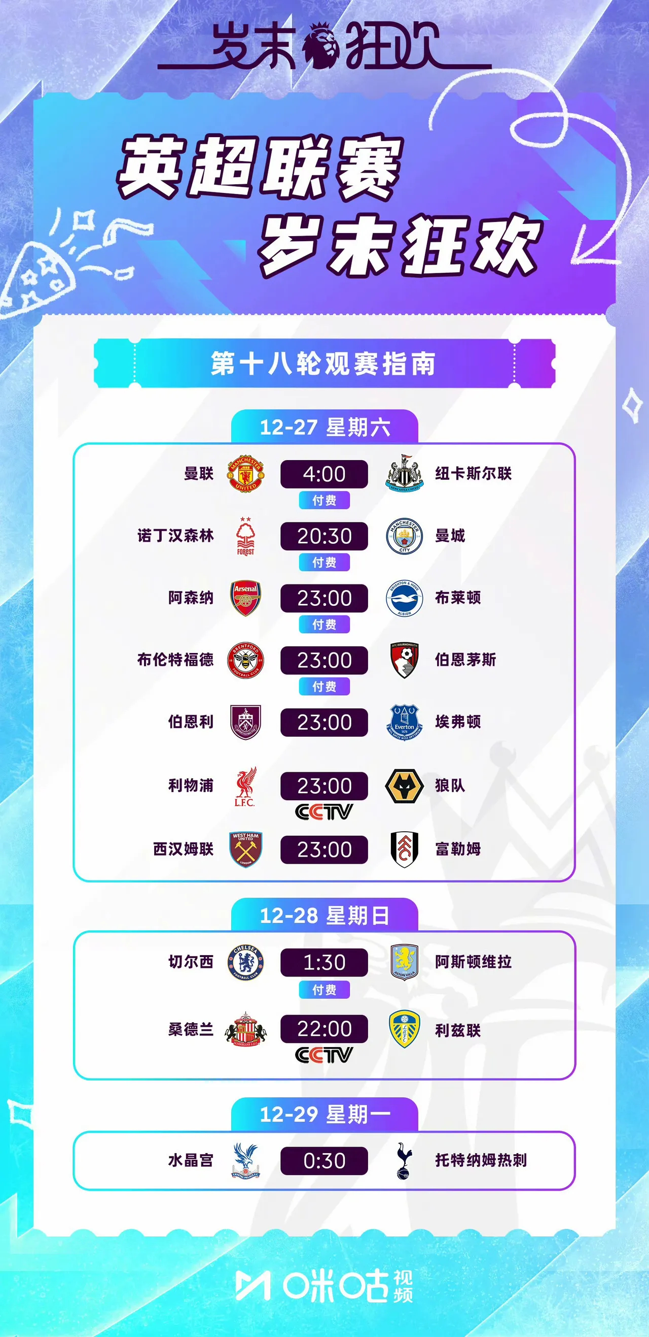 圣诞周足坛无休！英超意甲连轴转，央视免费直播利物浦+黑马桑德兰圣诞假期足坛战火不