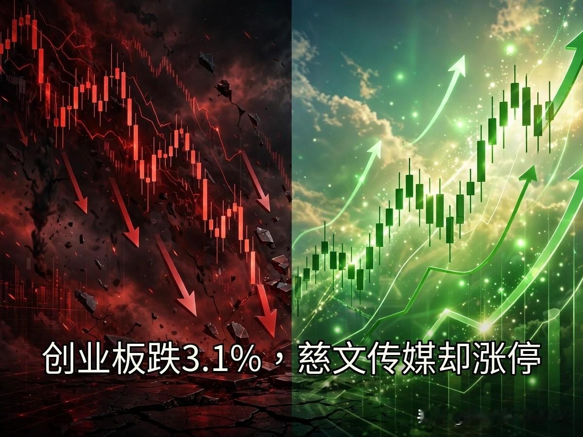 创业板跌3.1%，慈文传媒却涨停

今天A股，冰火两重天。
创业板指大跌3.1%