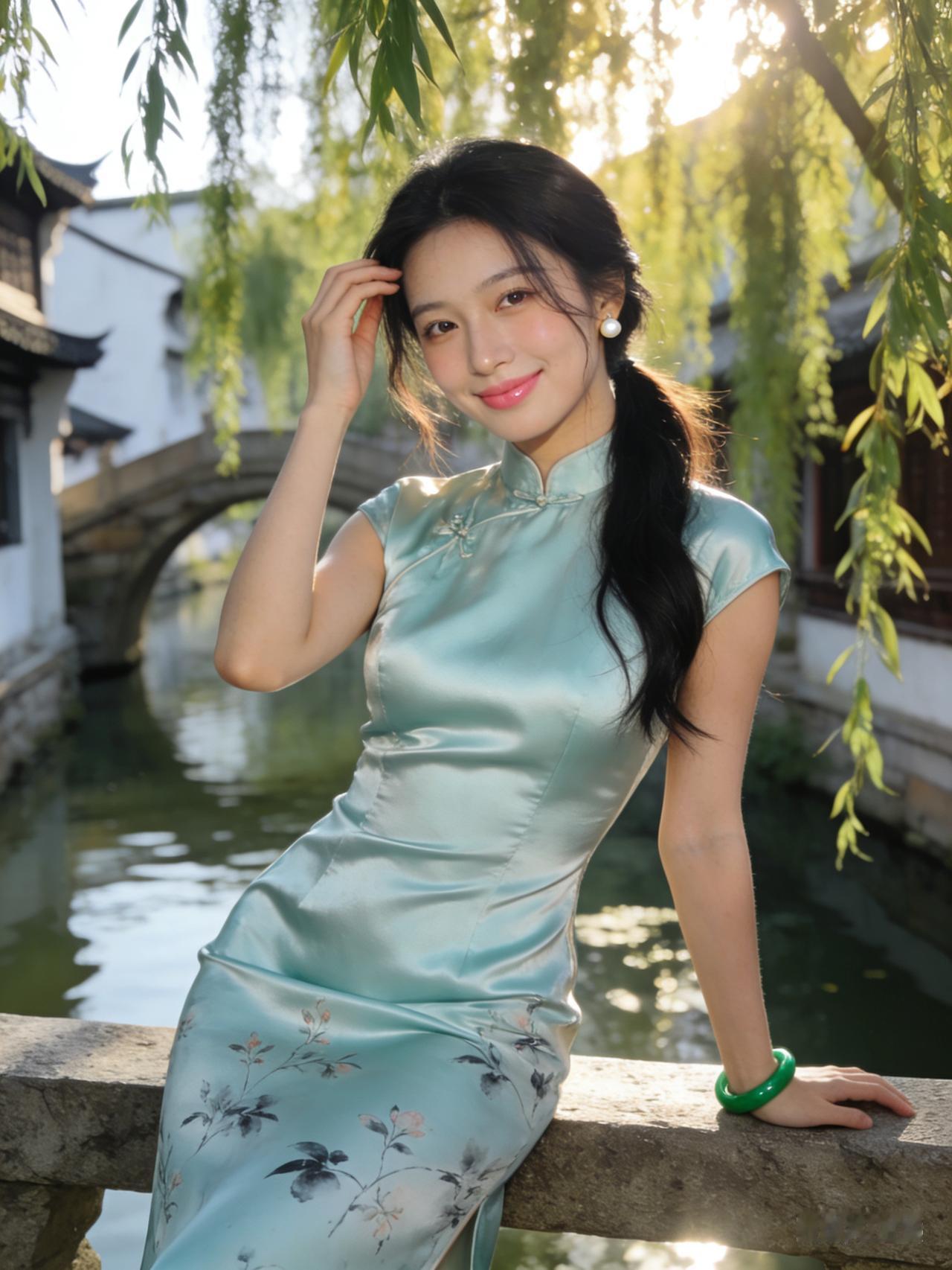 水乡佳人倚栏笑，柳岸春风拂面来。